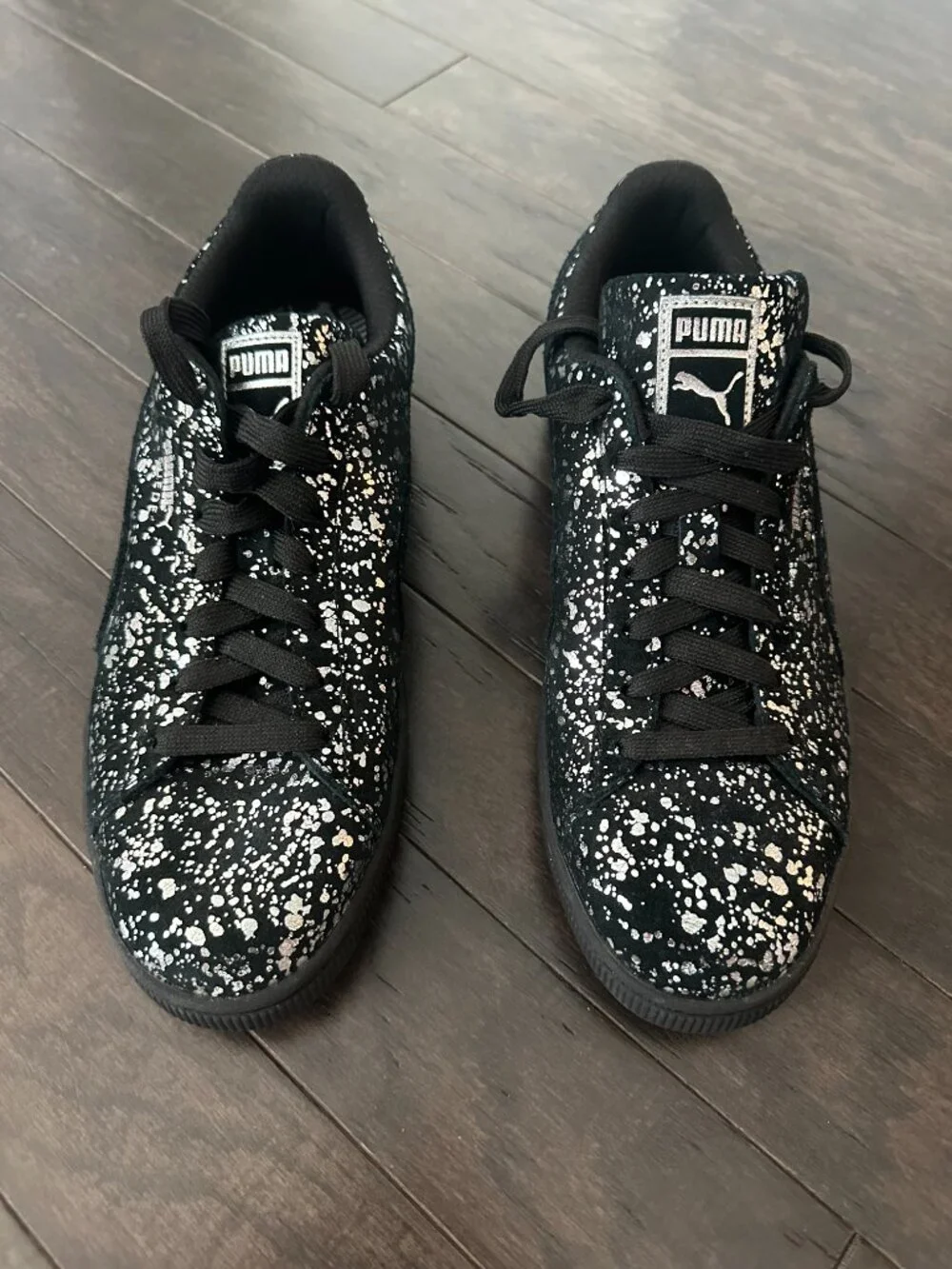 Puma Men's 10 Suede Black & Silver Metallic Splatter 2016 Sneakers